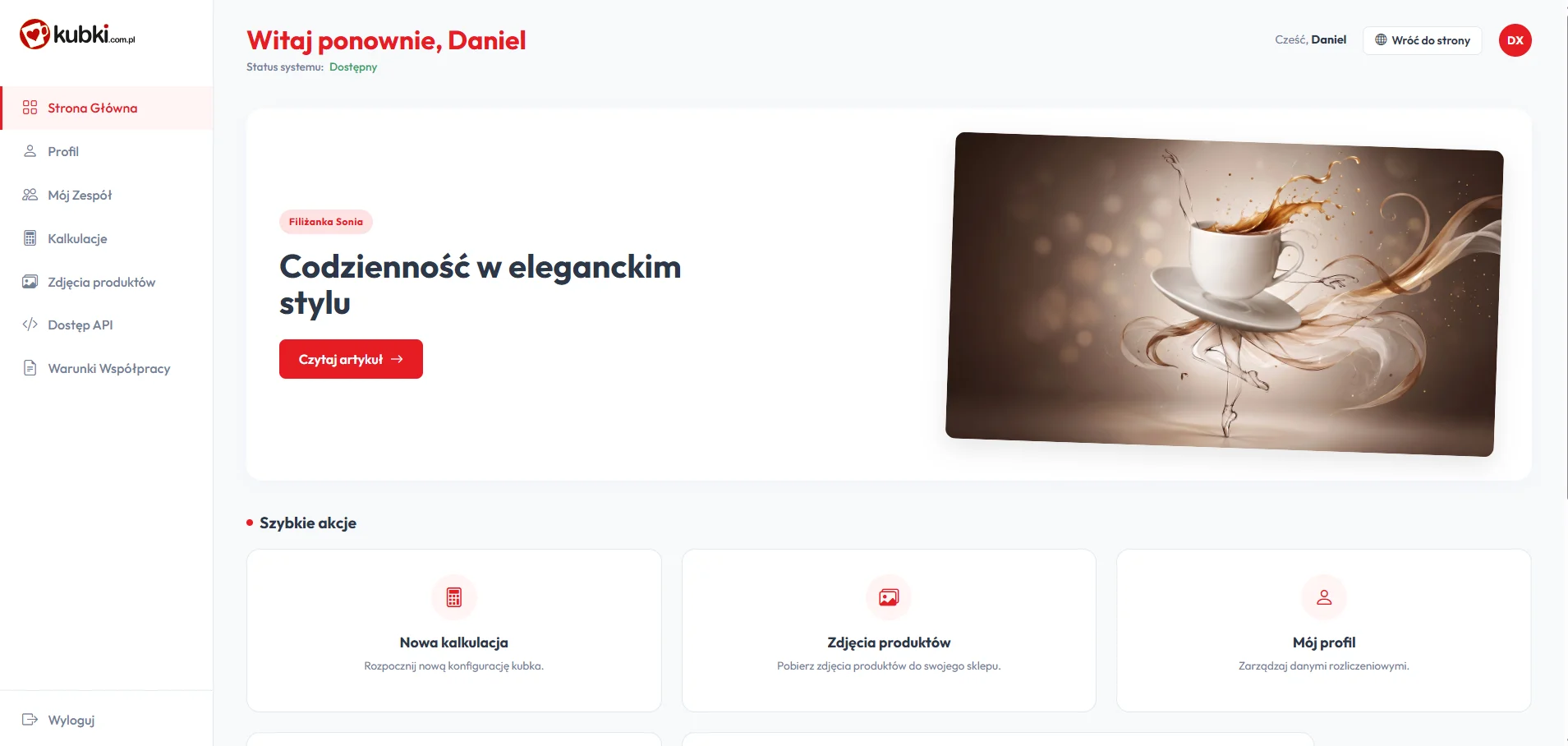 Panel klienta — pulpit ze skrótami do kalkulatora, zdjęć i zespołu